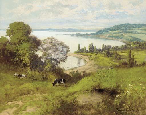 Laszlo Neogrady - Cattle grazing before a bay