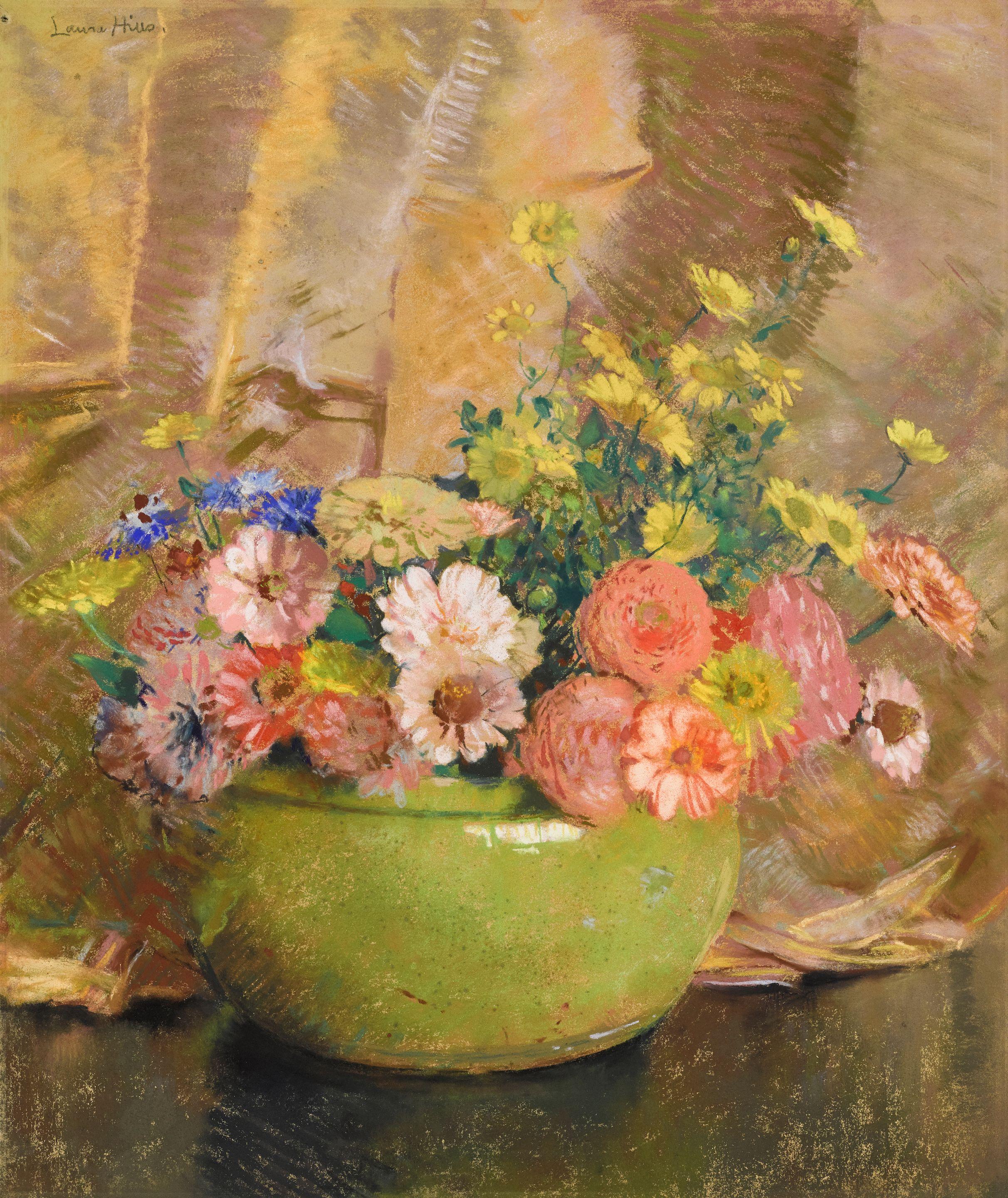 Laura Coombs Hills - Zinnias in a Yellow Bowl