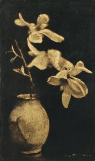 Laure Albin-Guillot - Orchidées, 1927Vintage Carbon Fresson Print On Metalised Golden Paper Flush-Mounted To Original Card. Signed. Stamped And With The Photographer\'S Address Label And Exihibition Label On The Reverse. Mounted.