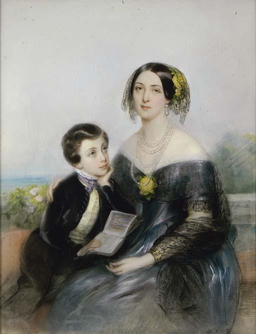Laure Houssaye de Liomenil - Portrait of Aurore Demidoff-Karamzine With Her Son, Seated On A Balcony