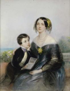 Laure Houssaye de Liomenil - Portrait of Aurore Demidoff-Karamzine With Her Son, Seated On A Balcony