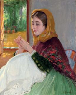 Laureano Barrau Buñol - Joven sentada bordando (Girl embroidering by an open door)