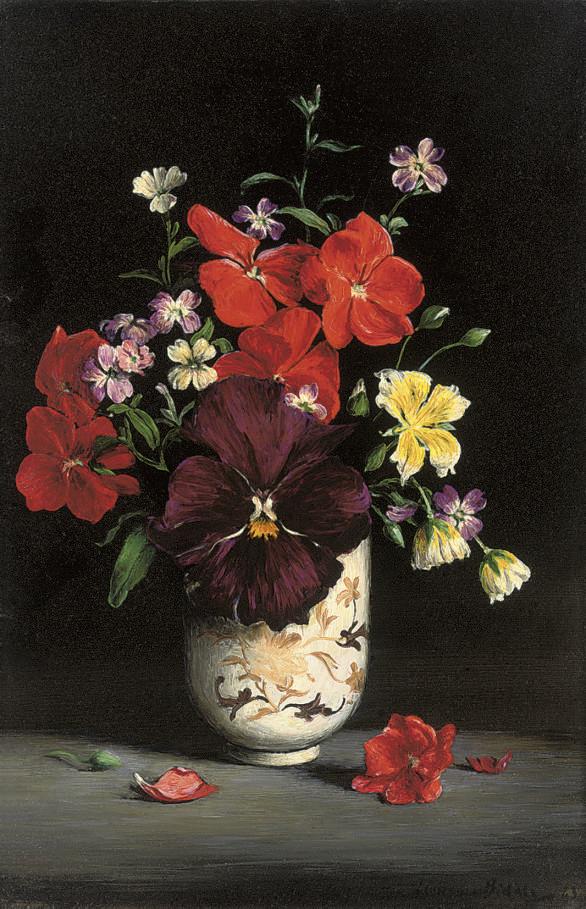 Laurence Biddle - A pansy, geraniums, limnathes and virginia sticks
