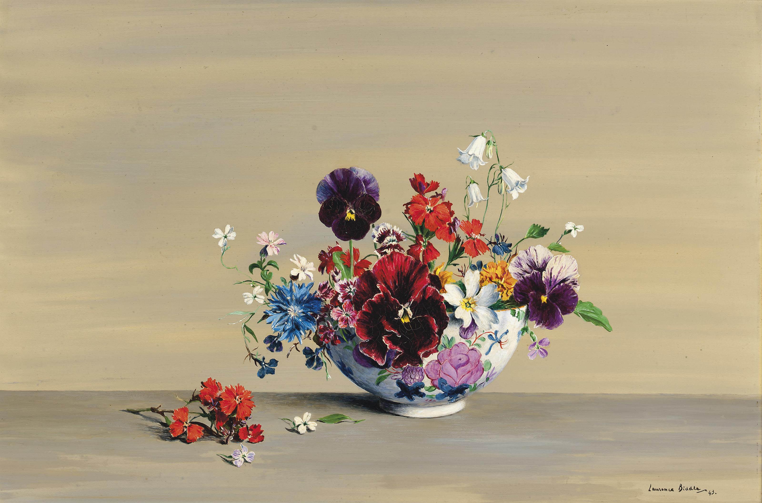 Laurence Biddle - Flowers in a china bowl