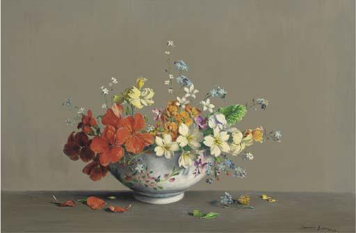 Laurence Biddle - Geraniums, primroses, wallflowers, forget-me-nots, aubretia, saxifrage and virginia stocks