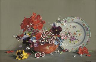 Laurence Biddle - Pansies and other flowers in a bowl, with floral patterned plate to the side