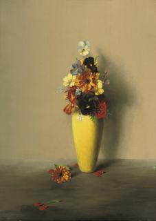 Laurence Biddle - Pansies, geraniums and other flowers in a yellow vase