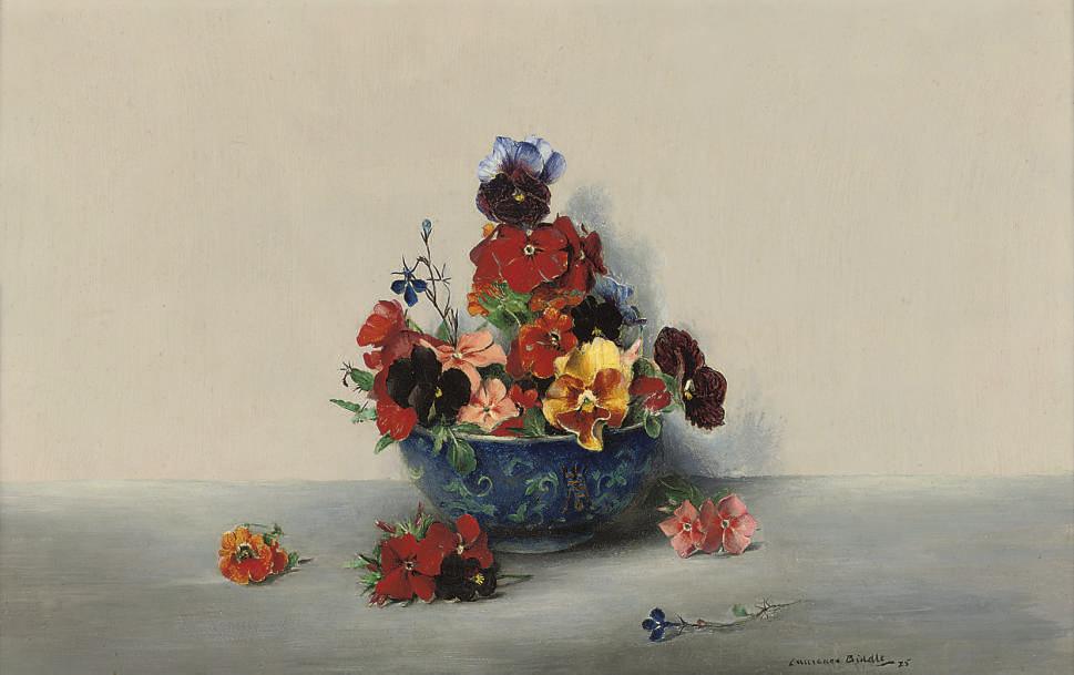 Laurence Biddle - Pansies in a blue bowl