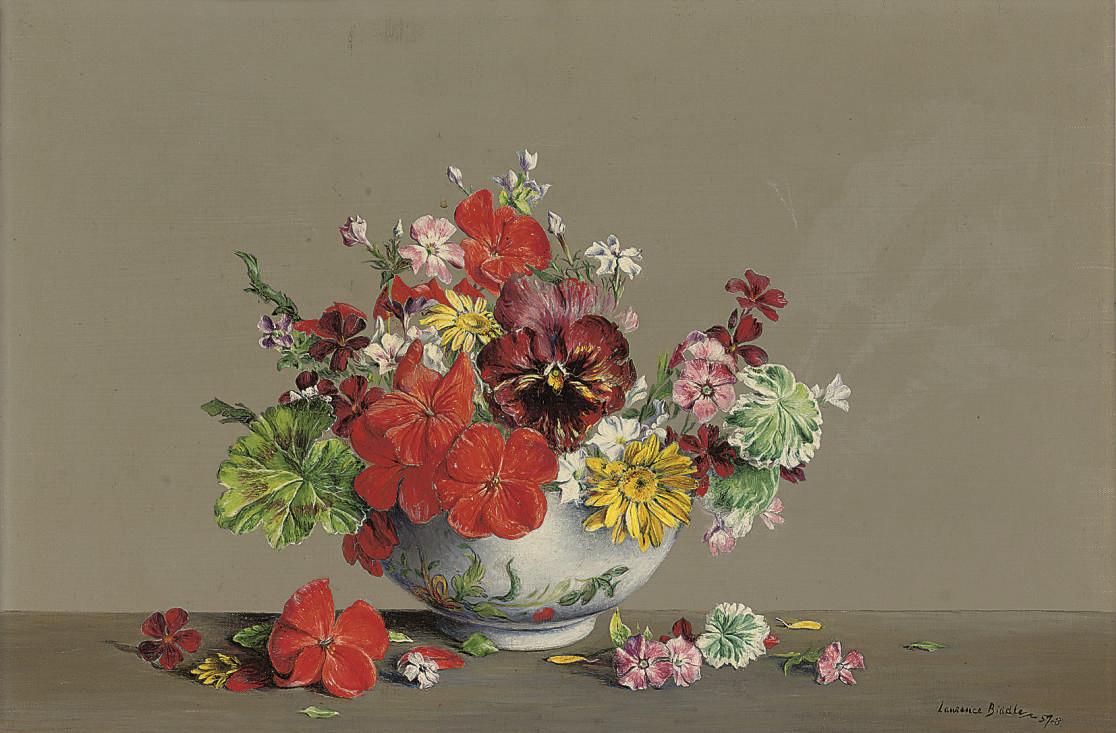 Laurence Biddle - Pansy, Scarlet Geraniums, Geranium leaves, Anthemis, Yellow flowers and aurelia