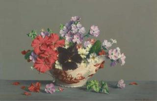 Laurence Biddle - Still Life With Geraniums, Pansy, Primulas And Primroses