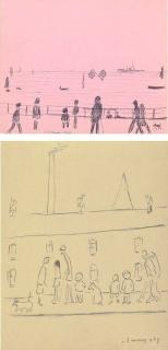 Laurence Stephen Lowry, R.A. - An Autograph Book Containing Two Drawings; Figures In A Street; And Figures By The Seaside
