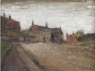Laurence Stephen Lowry, R.A. - Farm Buildings on a Country Lane