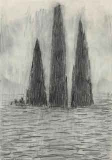 Laurence Stephen Lowry, R.A. - Figures rising from the sea; three rocks