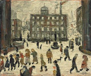 Laurence Stephen Lowry, R.A. - The Statue, Figures in a Town Square