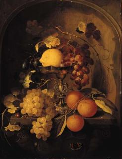 Laurens Craen - A lemon, grapes and plums on a tazza, with oranges, grapes and a hazelnut with a snail and a butterfly at a feigned sculpted stone niche