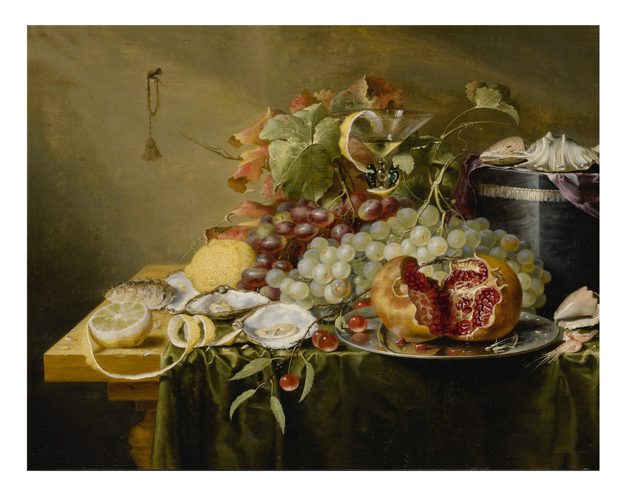 Laurens Craen - A Still Life With A Pomegranate And Other Fruits, Oysters, Shrimps And Shells On A Velvet Box On A Table