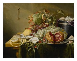 Laurens Craen - A Still Life With A Pomegranate And Other Fruits, Oysters, Shrimps And Shells On A Velvet Box On A Table