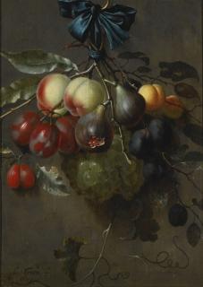 Laurens Craen - A Still Life With Fruit Hanging From A Blue Ribbon Tied To A Hook