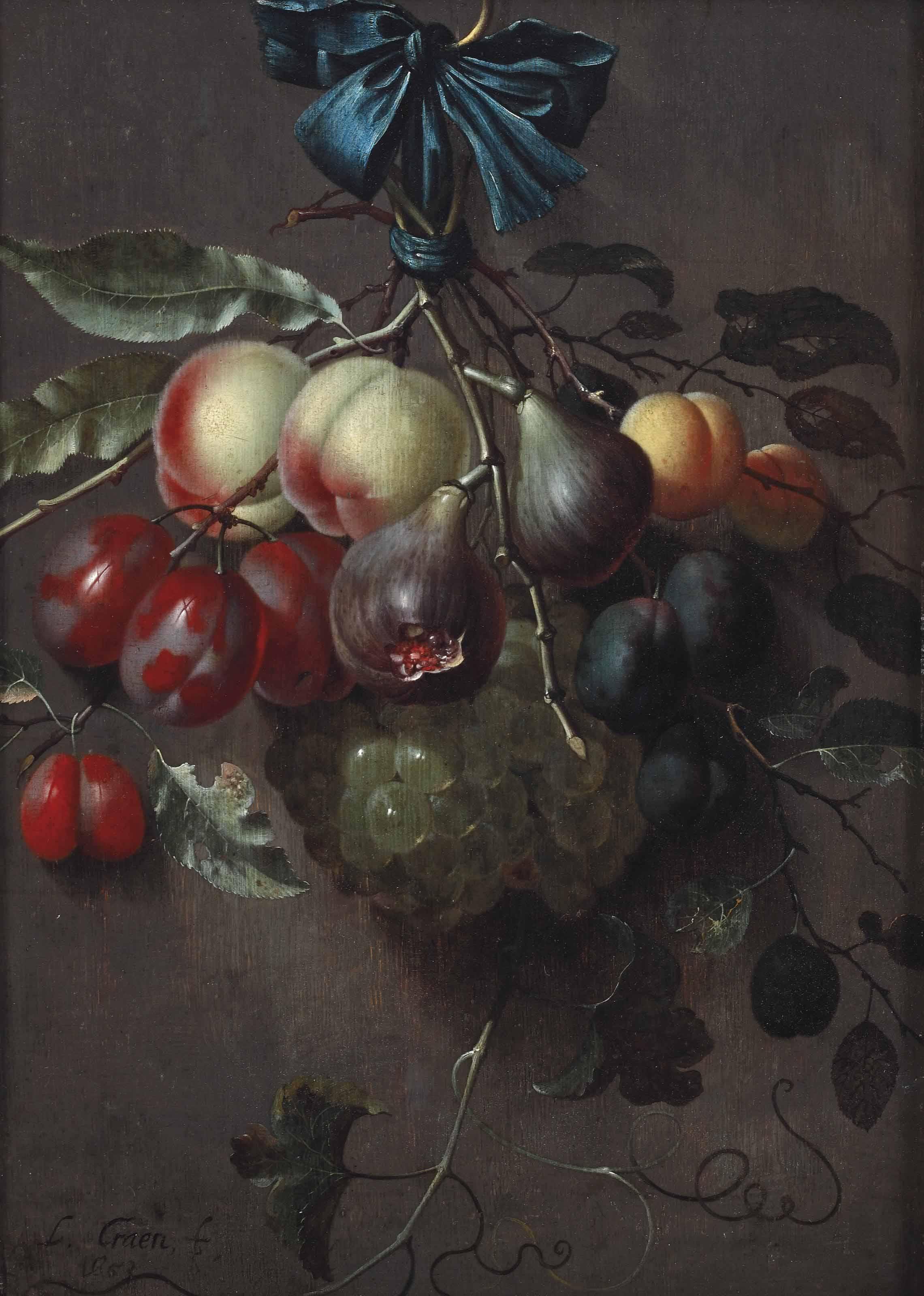 Laurens Craen - Peaches, plums, figs, apricots, dates and grapes hanging from a blue ribbon tied to a hook