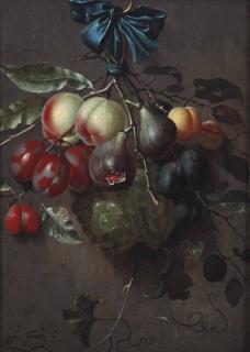 Laurens Craen - Peaches, plums, figs, apricots, dates and grapes hanging from a blue ribbon tied to a hook