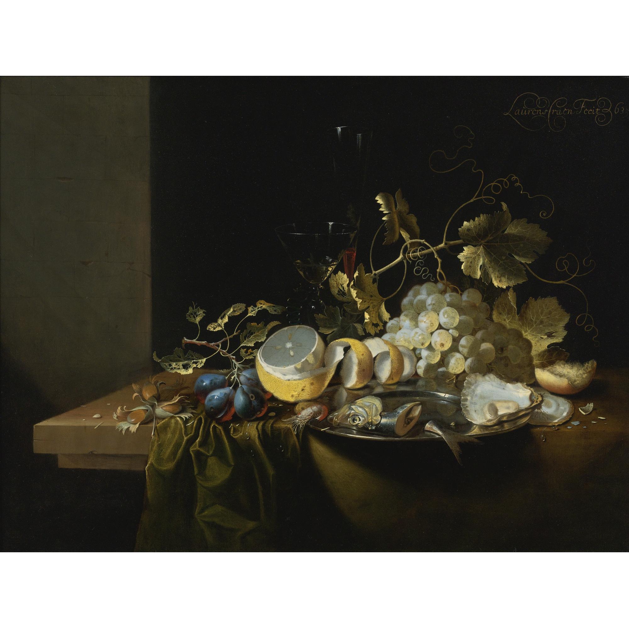 Laurens Craen - Still Life Of Hazelnuts, Grapes, Oysters And Other Foods On A Draped Table