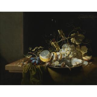 Laurens Craen - Still Life Of Hazelnuts, Grapes, Oysters And Other Foods On A Draped Table