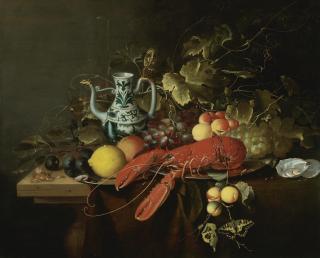 Laurens Craen - Still Life With A Lobster On A Pewter Plate, Lemons, Grapes, Apricots, Oysters And A Gold-Mounted Blue And White Porcelain Ewer, All On A Wooden Table Top With A Swallowtail Butterfly