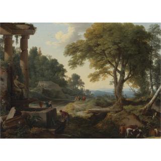 Laurent de la Hyre - Landscape With Two Women At A Fountain, A Herd Of Cows At A Stream And Travellers On Horseback