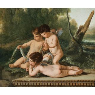 Laurent de la Hyre - Putti Tenant Une Guirlande De Fleurs