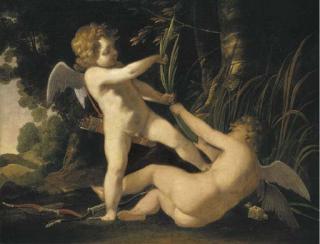 Laurent de la Hyre - Two winged putti disporting in a landscape