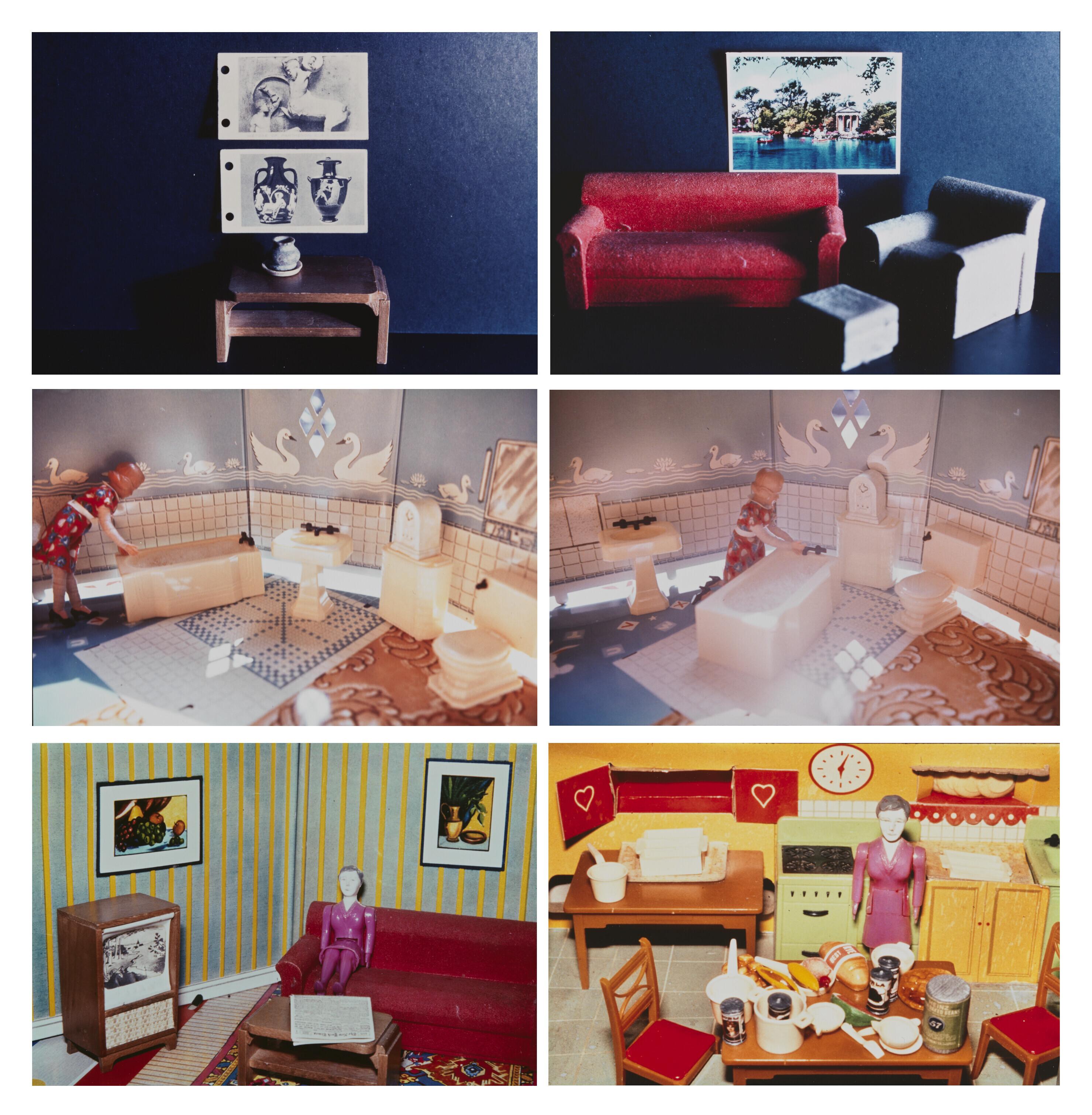 Laurie Simmons - (i) Greek Vase/Pot/Table  (ii) First Bathroom/Women Standing Left  (iii) Woman Watching TV  (iv) Red Couch/Borghese Garden  (v) First Bathroom/Woman Kneeling  (vi) Purple Woman/Kitchen