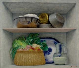 Lauro López - Still life of fruit in a basket and eggs in a bowl