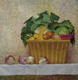 Lauro López - Still life with vegetables and fruit in wicker basket