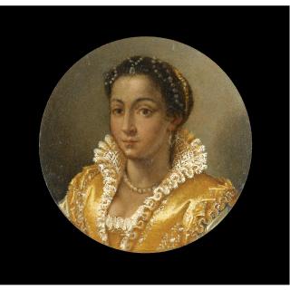 Lavinia Fontana - Portrait Of A Girl, Bust-Length, In A Yellow Silk Dress With A Lace Collar, Wearing A Pearl Necklace And String Of Pearls In Her Hair