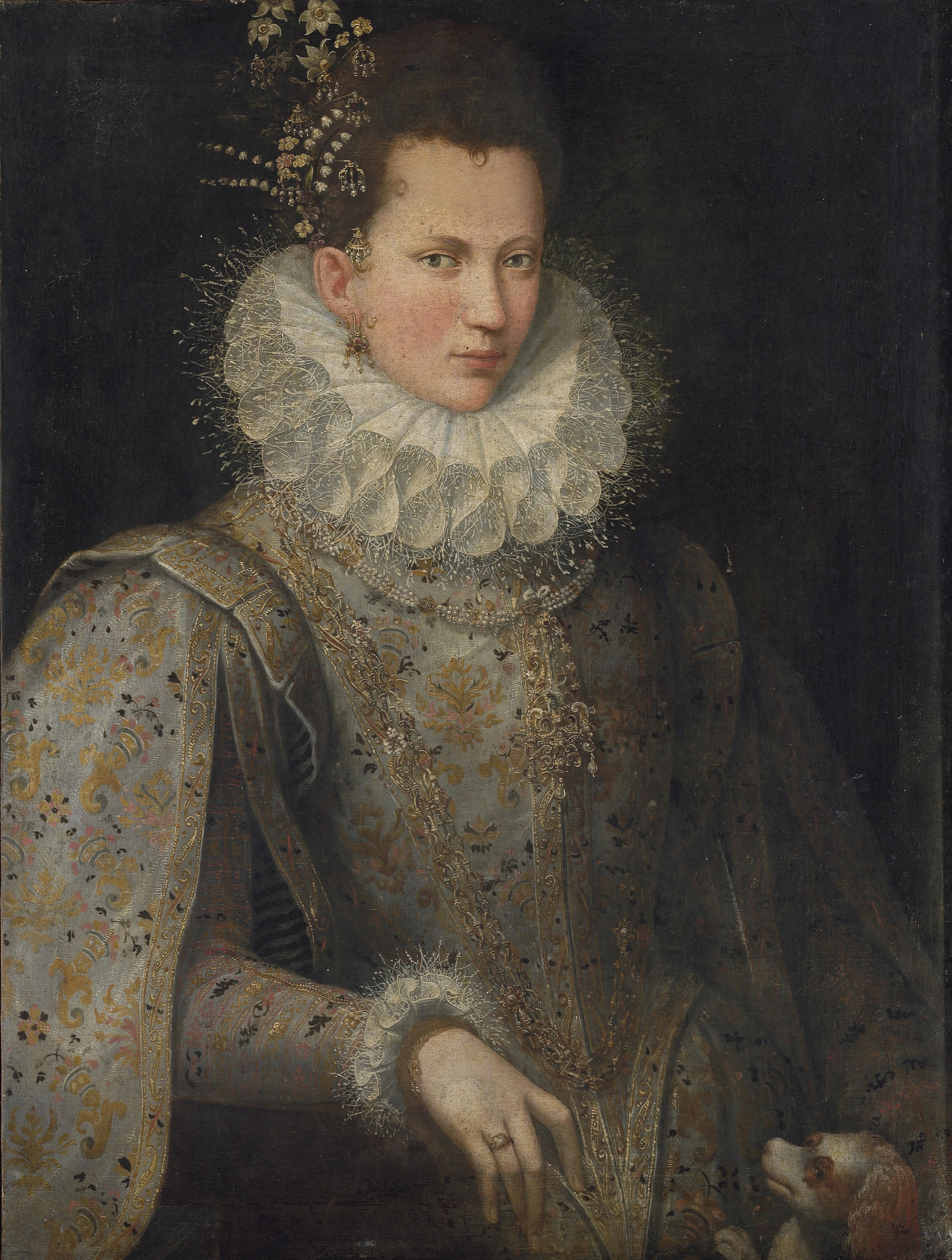 Lavinia Fontana - Portrait of a lady, half-length, in an embroidered gown and white collar, with a dog