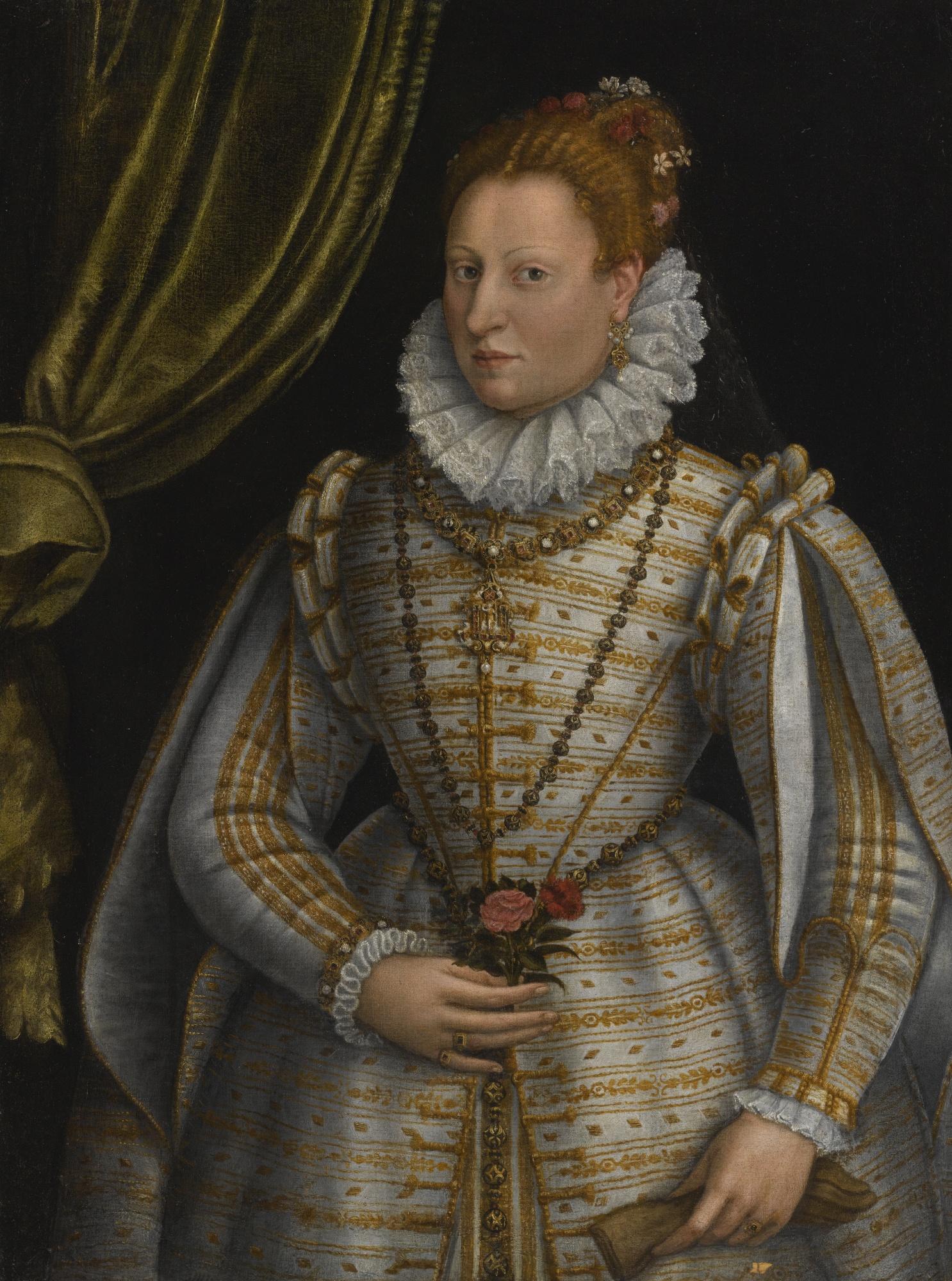 Lavinia Fontana - Portrait Of A Lady, Three-Quarter Length, Dressed In A White And Gold Embroidered Gown, Holding A Glove In One Hand And A Rose And A Pink In The Other