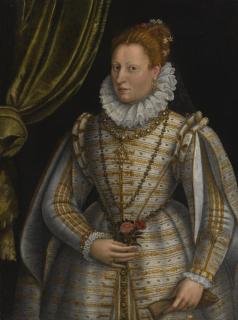 Lavinia Fontana - Portrait Of A Lady, Three-Quarter Length, Dressed In A White And Gold Embroidered Gown, Holding A Glove In One Hand And A Rose And A Pink In The Other