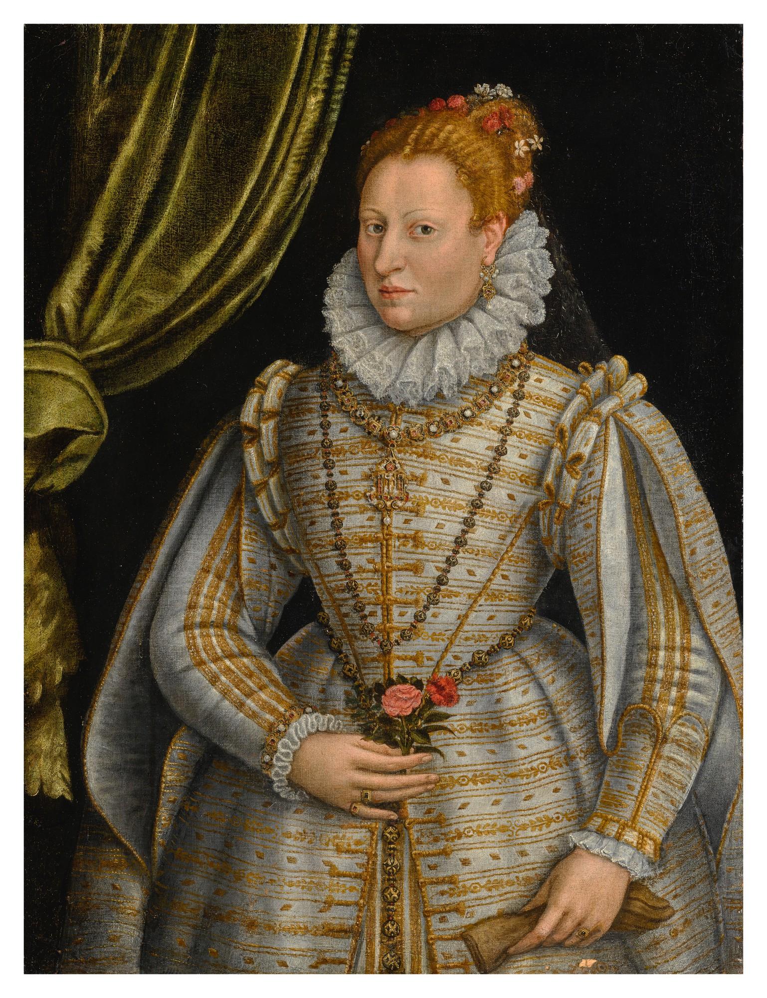 Lavinia Fontana - Portrait Of A Lady, Three-Quarter Length, Dressed In A White And Gold Embroidered Gown, Holding A Glove In One Hand And A Rose And A Pink In The Other