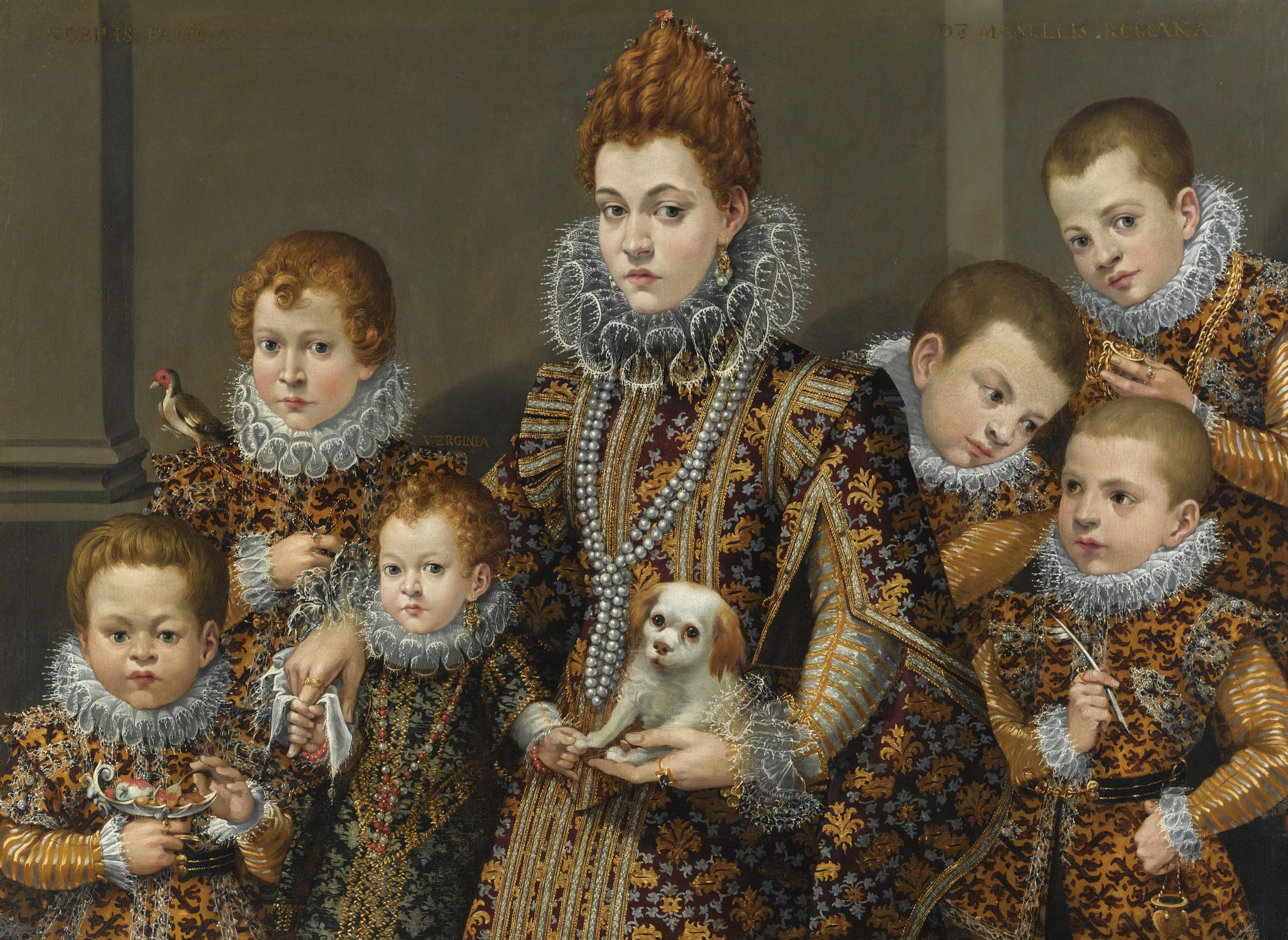 Lavinia Fontana - Portrait Of Bianca Degli Utili Maselli, Half Length, In An Interior, Holding A Dog And Surrounded By Six Of Her Children
