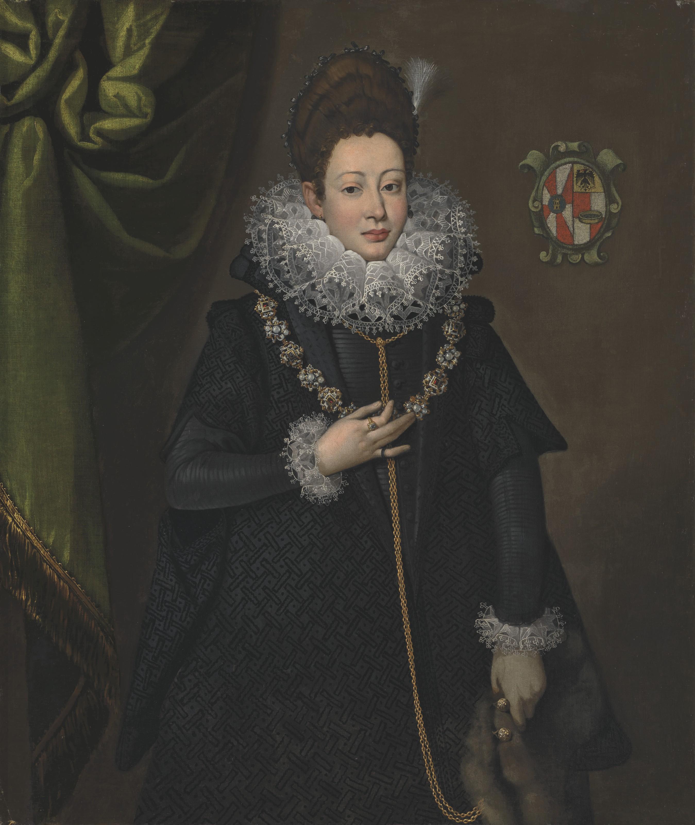 Lavinia Fontana - Portrait of Bianca Lucia Aliprandi, née Crivelli, three-quarter-length, in a black brocade dress, with a jewelled necklace and fur muff