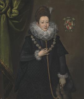 Lavinia Fontana - Portrait of Bianca Lucia Aliprandi, née Crivelli, three-quarter-length, in a black brocade dress, with a jewelled necklace and fur muff
