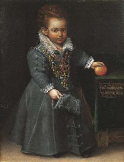 Lavinia Fontana - Ritratto di Antonia Ghini bambina, a figura intera, in abito ricamato grigio, con la mano sinistra su una mela, su un tavolo drappeggiato