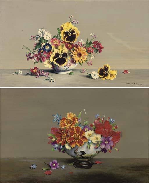 Lawrence Biddle - French Marigolds, Primroses, Geraniums, Violets And Other Flowers In A Bowl; And Another Similar
