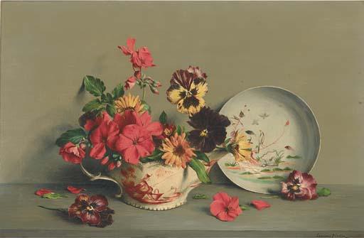 Lawrence Biddle - Pansies, geraniums, marigolds and primulas in a chinese sauceboat