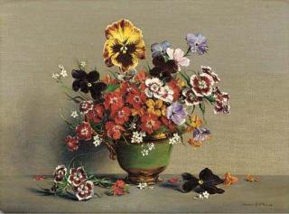 Lawrence Biddle - Pansies, violets, pholx and other spring flowers in a ceramic jug