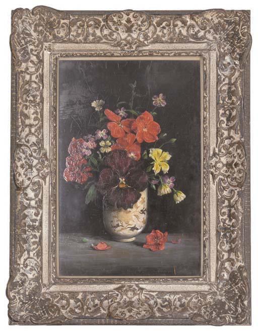 Lawrence Biddle - Pansy, geraniums, limnanthes and virginia sticks in a vase
