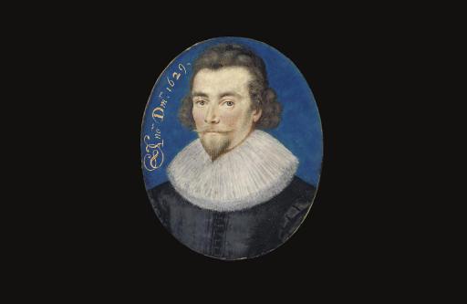 Lawrence Hilliard - A gentleman, in black doublet, white lace ruff, curling brown hair, sideburns, moustache and pointed beard; blue background