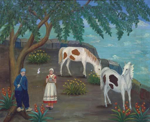 Lawrence Lebduska - A Couple And Horses By The Sea