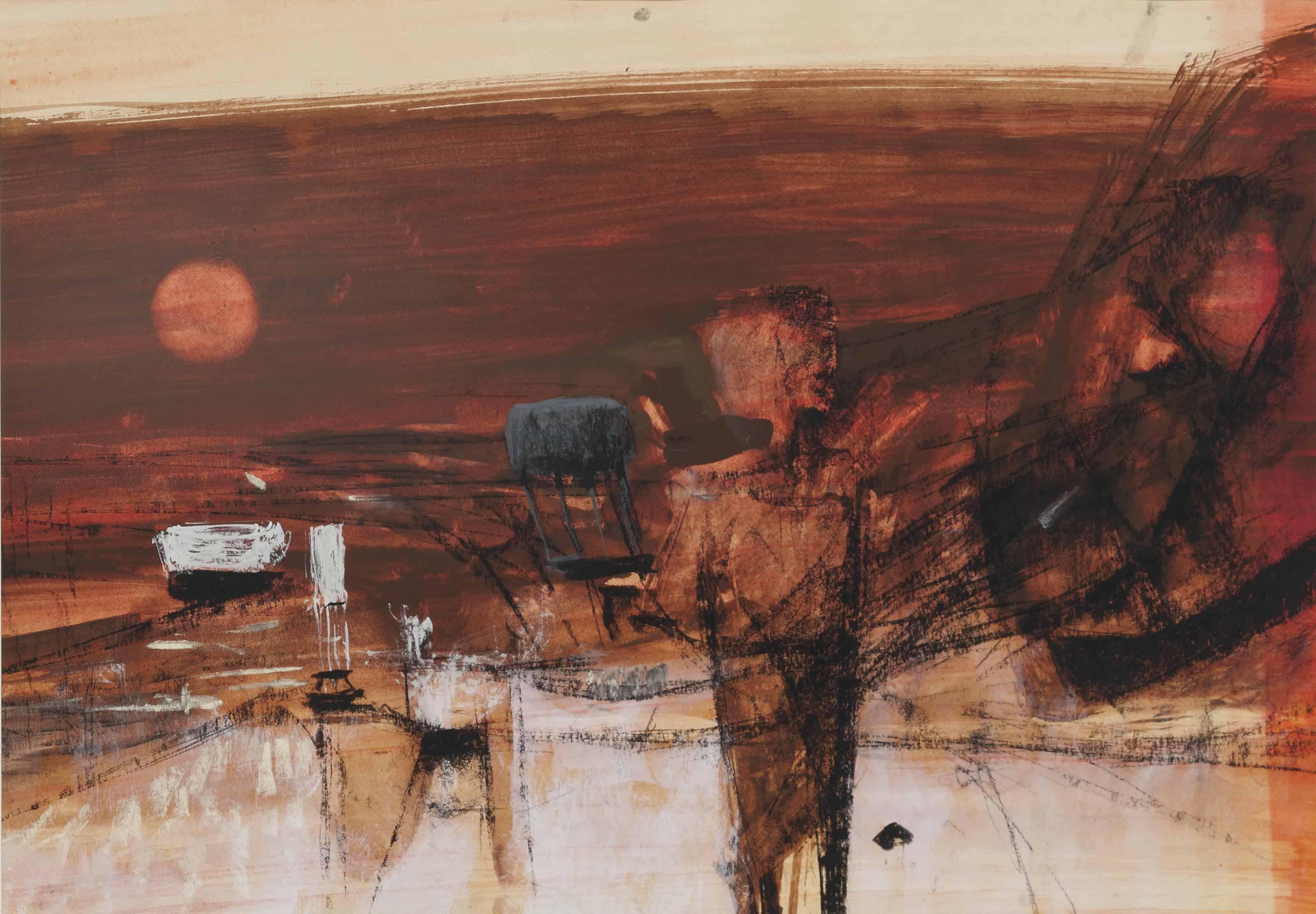 Lawrence M. Daws - Landscape, Figure And Red Sun