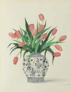 Lawrence Mynott - Pink tulips in a Chinese vase (illustrated); and Cymbidiums in a tall Chinese vase